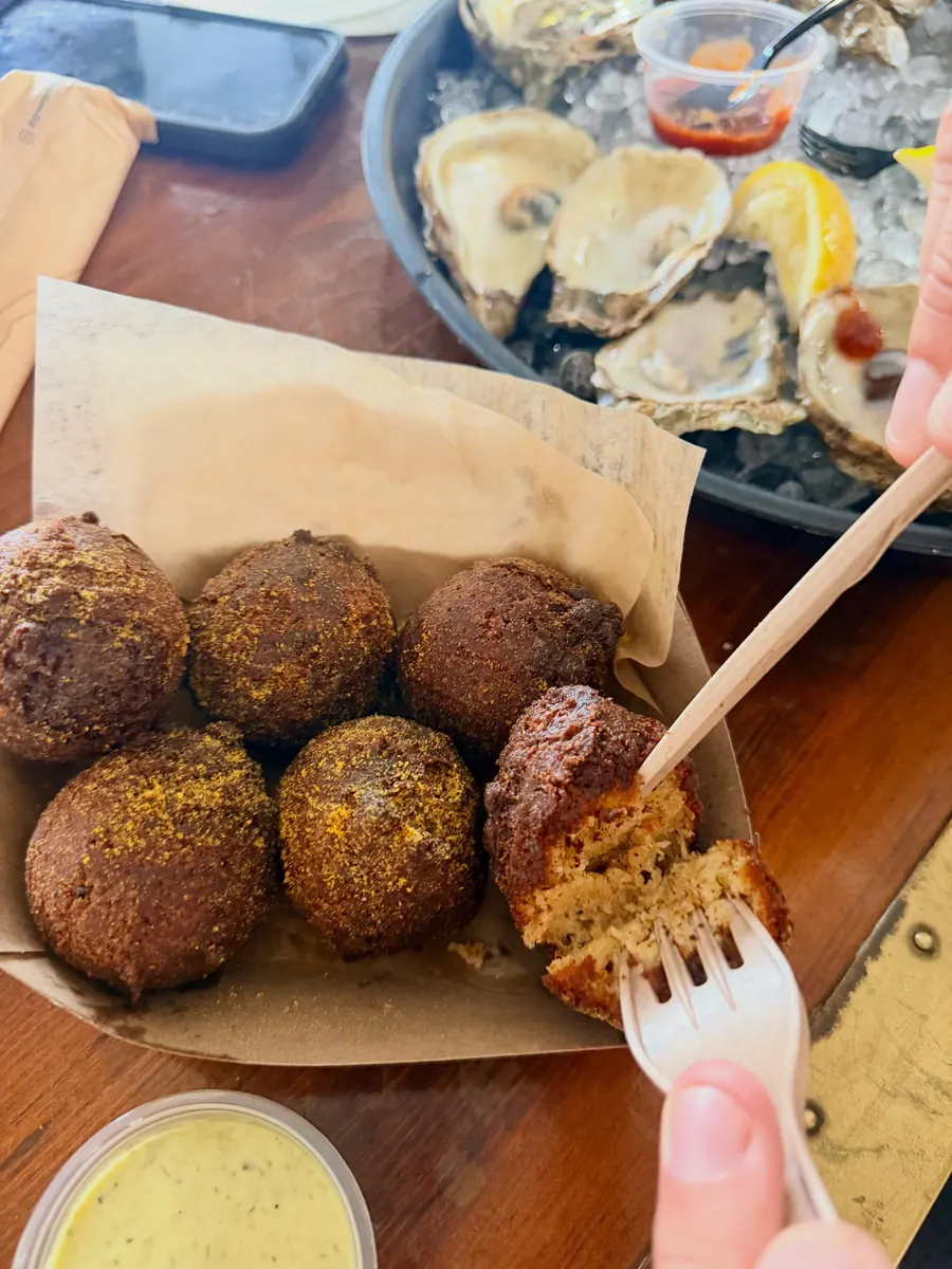 Hush puppies and oysters at Trophy Fish